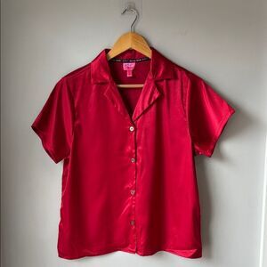 Betsey Johnson Red Satin Button Down Shirt Blouse